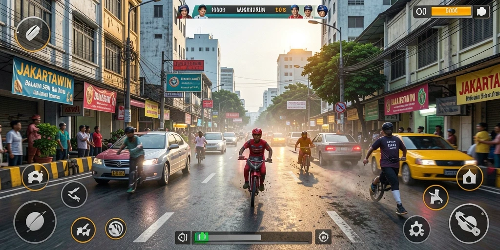Tampilan gameplay balapan seru JAKARTAWIN di jalanan Jakarta.