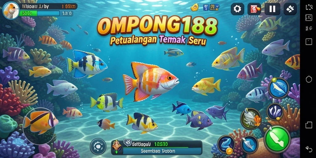 Screenshot OMPONG188 menampilkan aksi seru menangkap ikan.