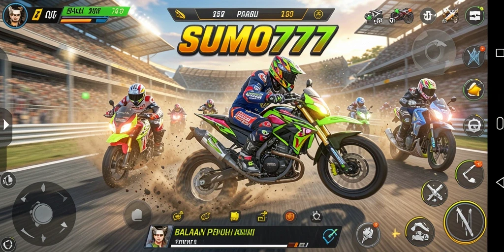 Tangkapan layar gameplay SUMO777 yang menampilkan aksi balapan motor terbaik.